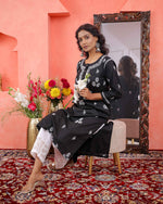 Load image into Gallery viewer, Black Cotton Chikankari Kurta for Women | Round Neck with Side Pockets
