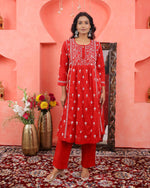 Load image into Gallery viewer, Red chikankari cotton kurta with yoke and front ties