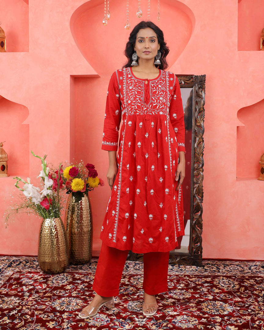 Red chikankari cotton kurta with yoke and front ties