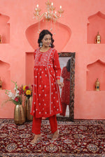 Load image into Gallery viewer, Red chikankari cotton kurta with yoke and front ties