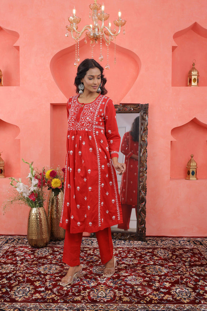 Red chikankari cotton kurta with yoke and front ties