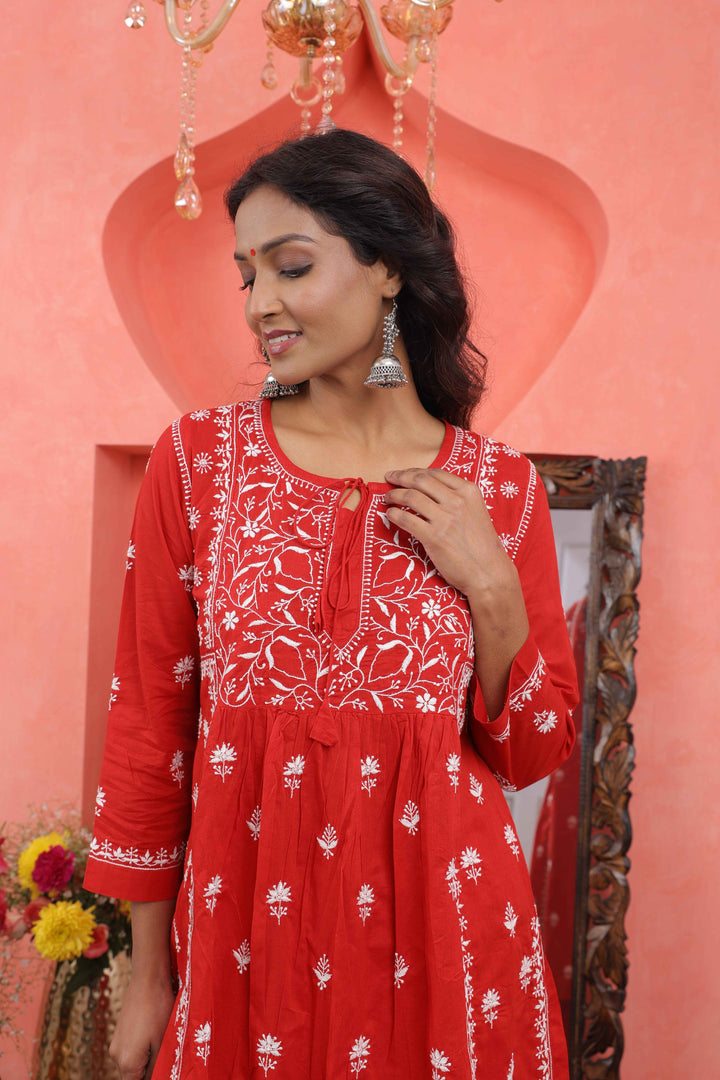 Red chikankari cotton kurta with yoke and front ties