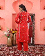 Load image into Gallery viewer, Red chikankari cotton kurta with yoke and front ties