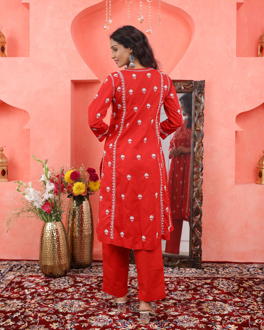 Red chikankari cotton kurta with yoke and front ties