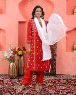 Load image into Gallery viewer, Red chikankari cotton kurta with yoke and front ties