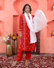 Red chikankari cotton kurta with yoke and front ties