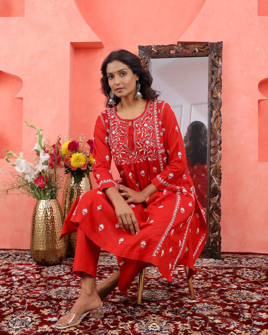 Red chikankari cotton kurta with yoke and front ties