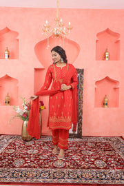 Red cotton mustard chikankari kurta with pants with pockets and mustard chikankari