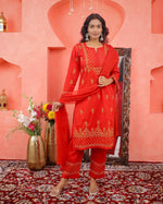 Load image into Gallery viewer, Red cotton mustard chikankari kurta with pants with pockets and mustard chikankari