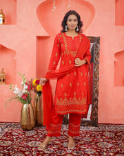 Red cotton mustard chikankari kurta with pants with pockets and mustard chikankari