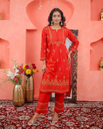 Load image into Gallery viewer, Red cotton mustard chikankari kurta with pants with pockets and mustard chikankari