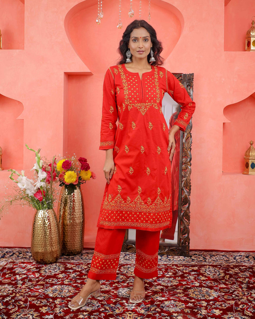 Red cotton mustard chikankari kurta with pants with pockets and mustard chikankari