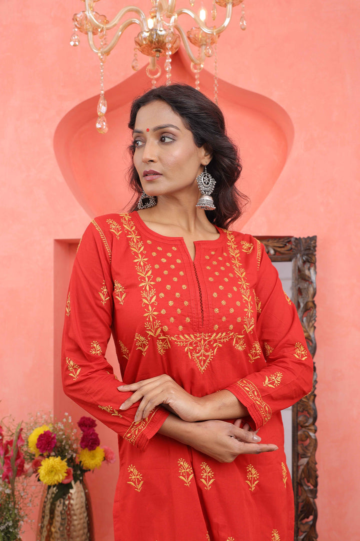 Red cotton mustard chikankari kurta with pants with pockets and mustard chikankari