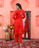 Load image into Gallery viewer, Red cotton mustard chikankari kurta with pants with pockets and mustard chikankari