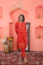 Load image into Gallery viewer, Red cotton mustard chikankari kurta with pants with pockets and mustard chikankari