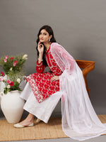 Load image into Gallery viewer, Red round neck all over jaal chikankari cotton kurta - Rakhi Apparels
