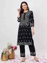 Black chikankari cotton kurta with pants set of 2