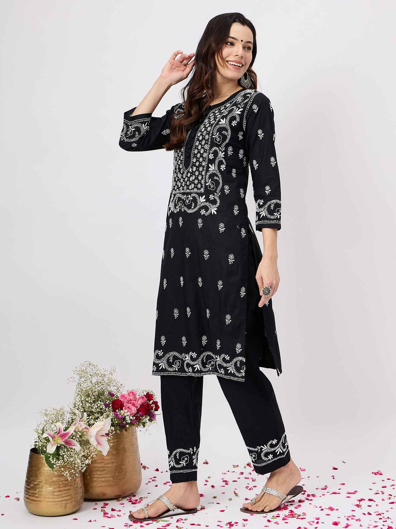 Black chikankari cotton kurta with pants set of 2