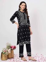 Load image into Gallery viewer, Black chikankari cotton kurta with pants set of 2
