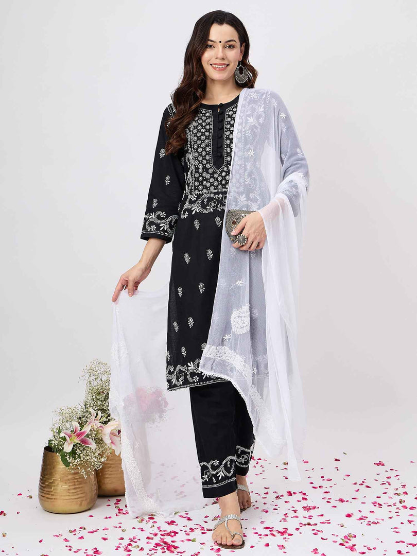 Black chikankari cotton kurta with pants set of 2