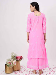 Pink cotton chikankari kurta with sharara set of 2