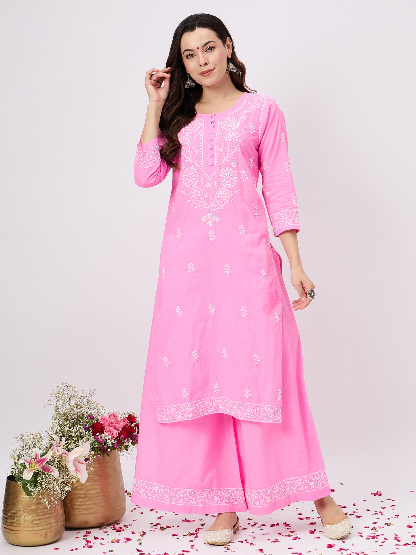 Pink cotton sharara set with chikankari