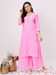 Pink cotton chikankari kurta with sharara set of 2