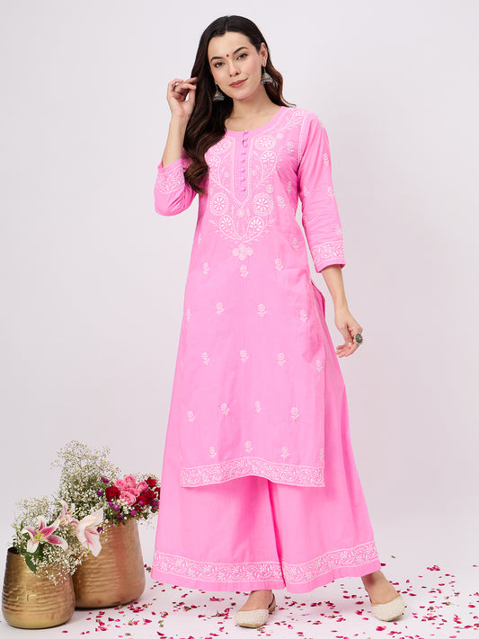 Pink cotton anarkali with chikankari