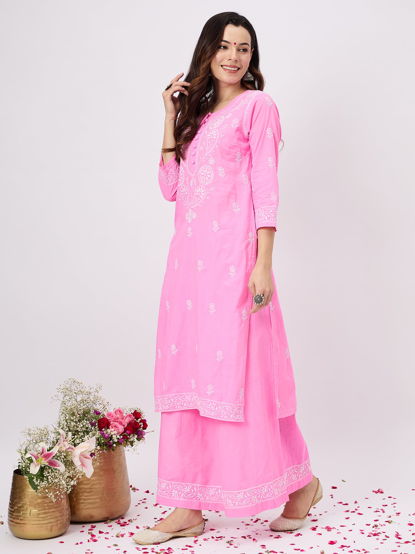 Pink cotton sharara set with chikankari