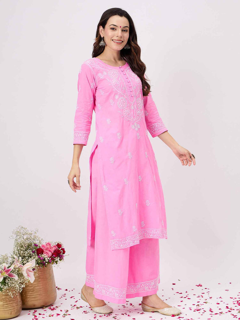 Pink cotton chikankari kurta with sharara set of 2