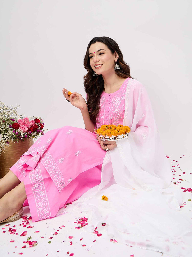 Pink cotton chikankari kurta with sharara set of 2