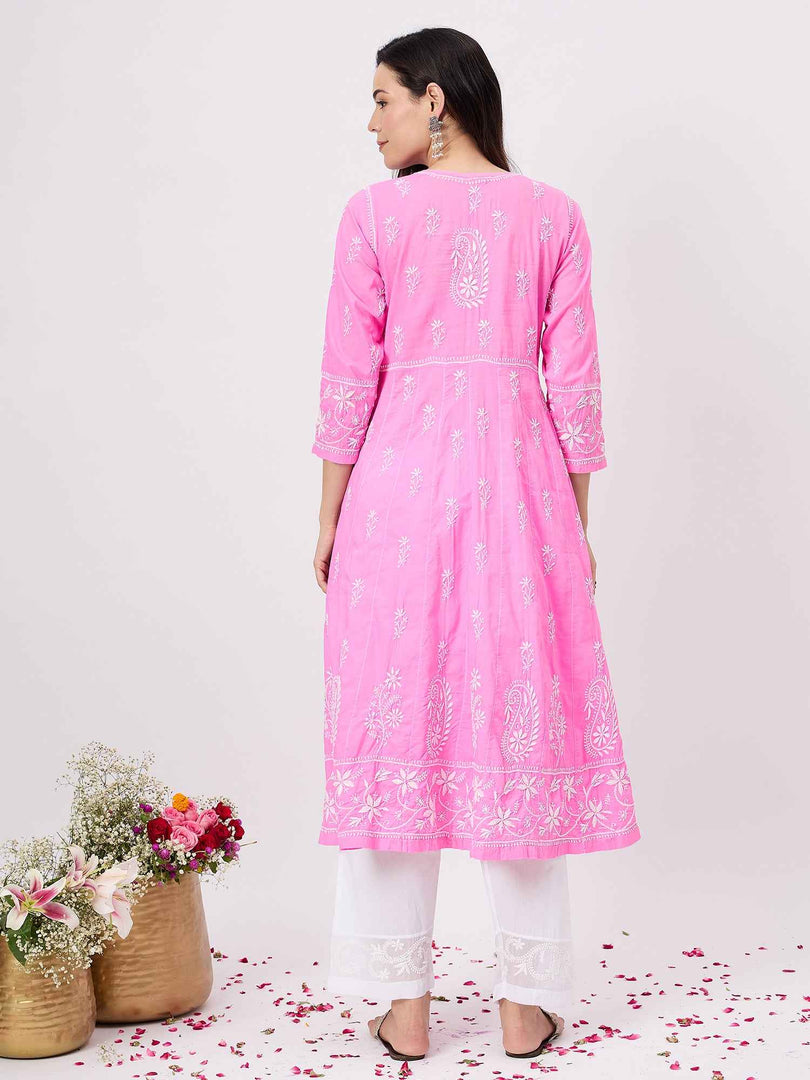 Pink round neck chikankari cotton anarkali