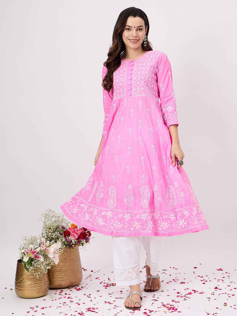 Pink round neck chikankari cotton anarkali