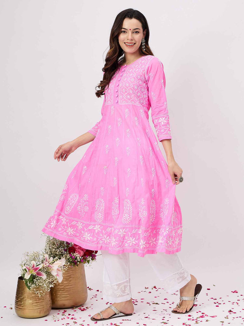 Pink round neck chikankari cotton anarkali