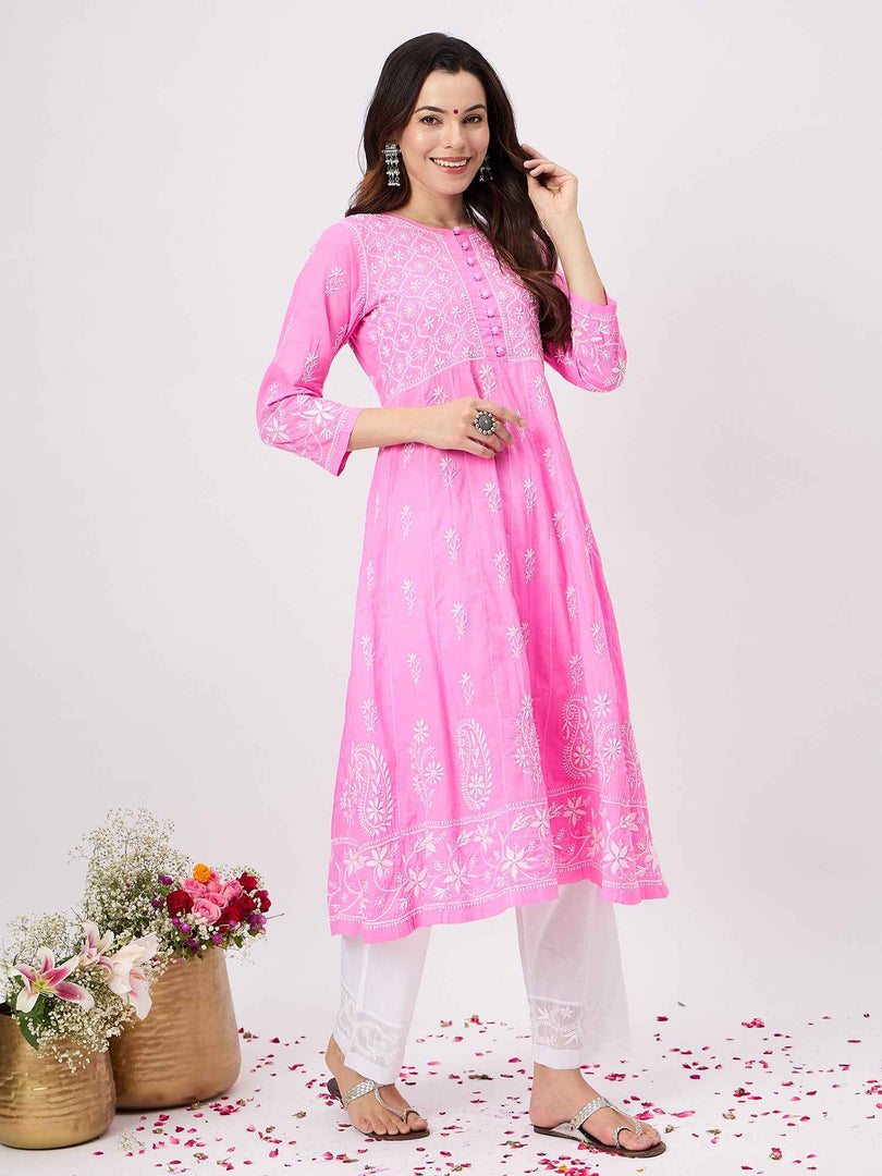 Pink round neck chikankari cotton anarkali