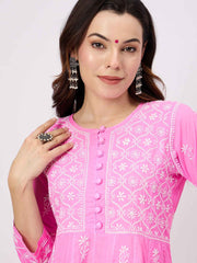Pink round neck chikankari cotton anarkali