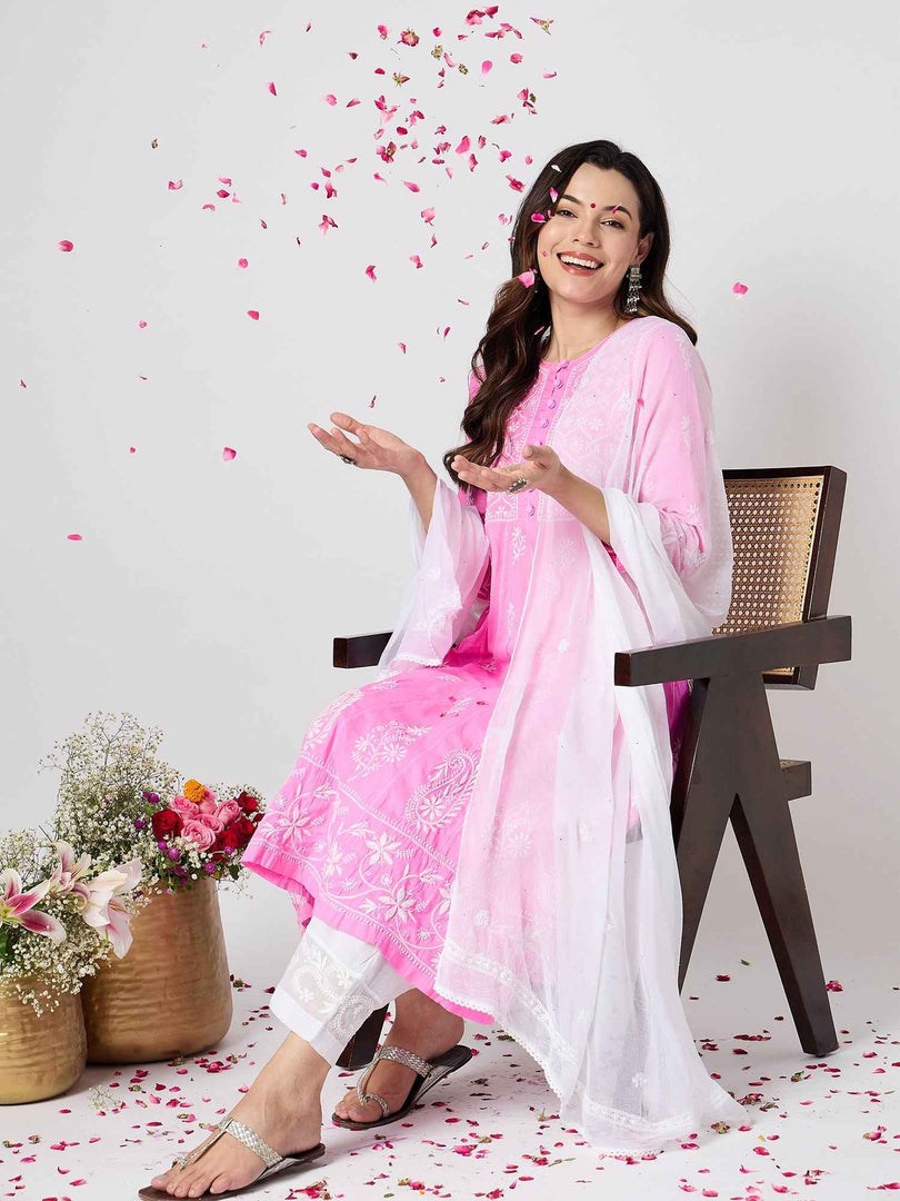 Pink round neck chikankari cotton anarkali