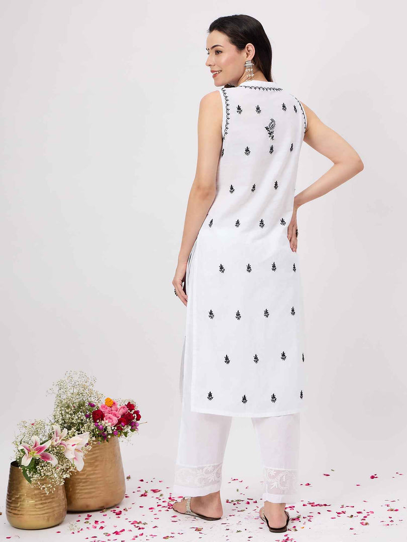 white cotton sleeveless kurta with chiknakari and collar slit