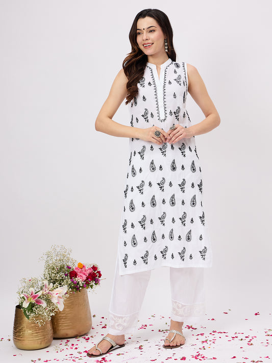 White sleeveless kurta with high collars and chikankari