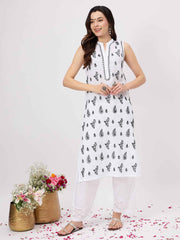 white cotton sleeveless kurta with chiknakari and collar slit