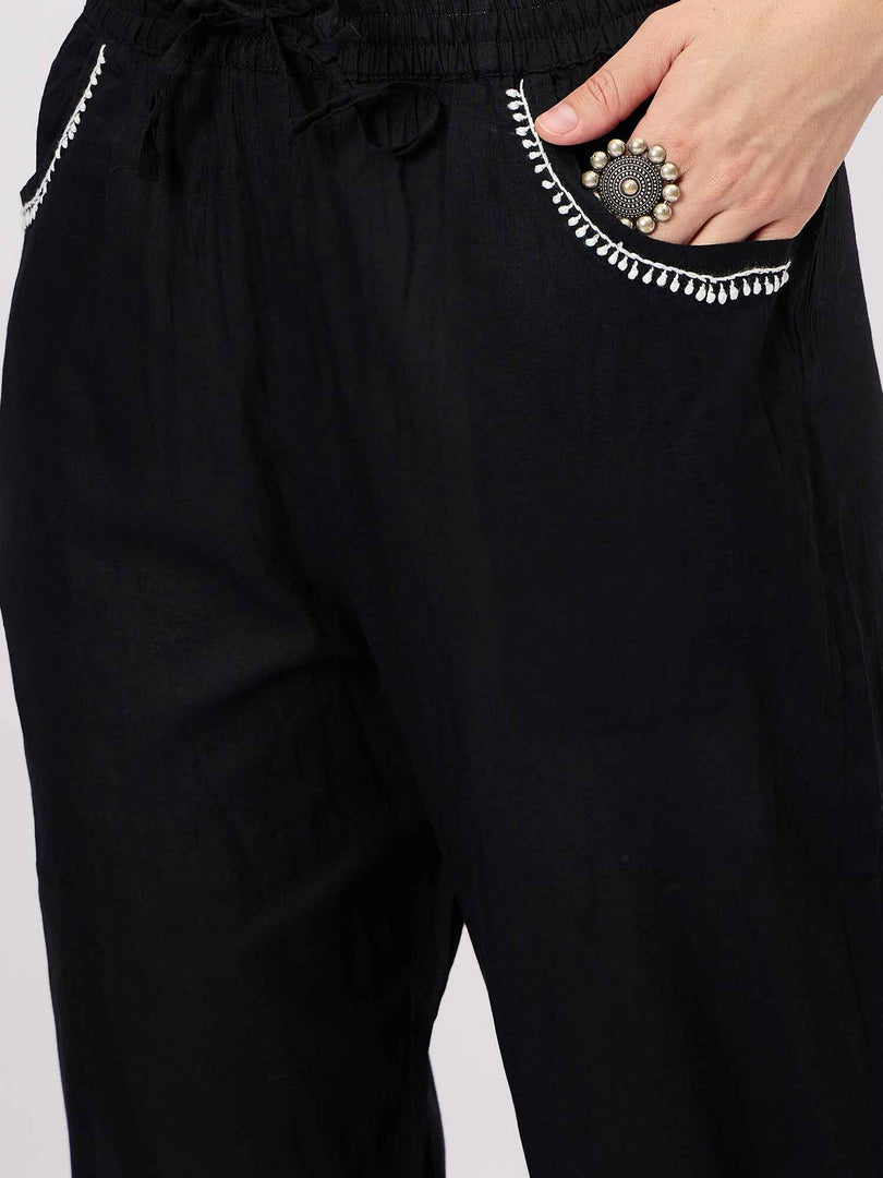 Black chikankari cotton mul kurta with pants set of 2