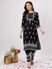 Black chikankari cotton mul kurta with pants set of 2