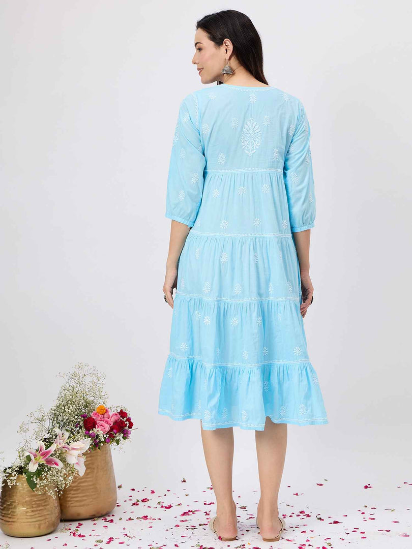 Blue chikankari  dress with tiers