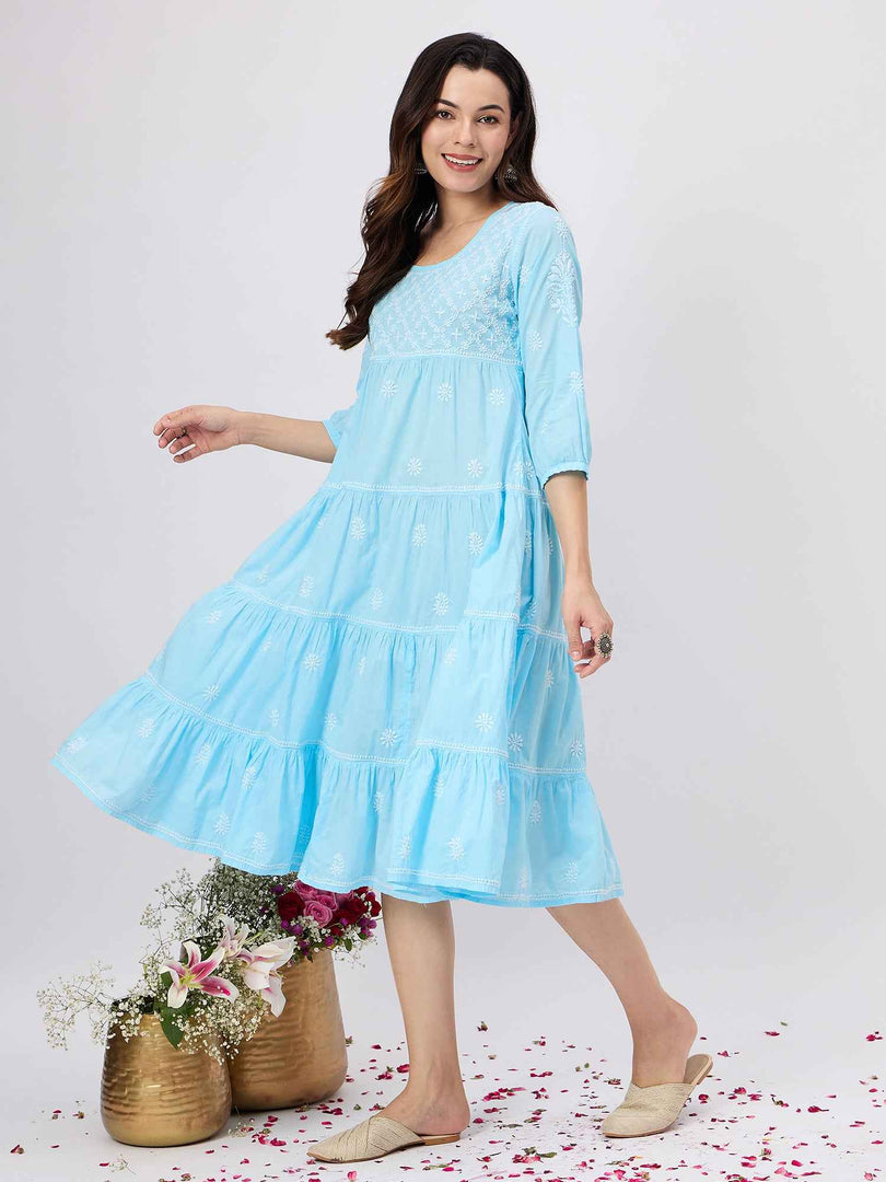 Blue chikankari  dress with tiers