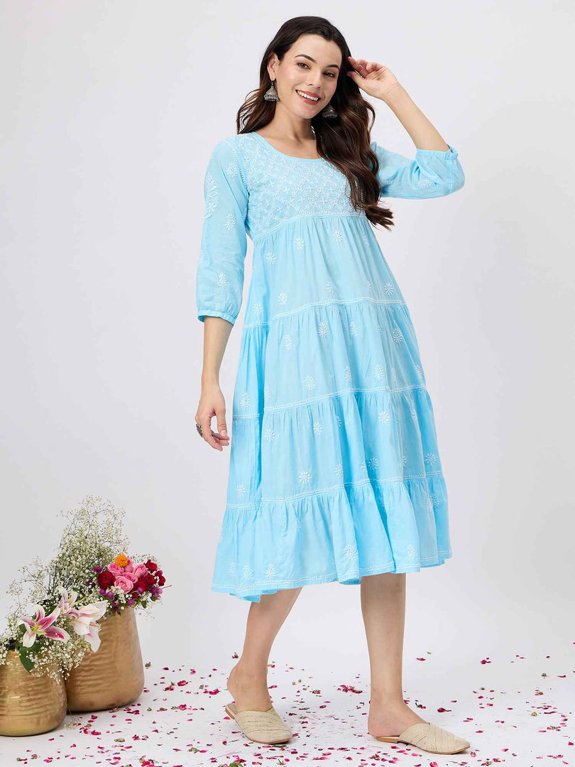 Blue chikankari  dress with tiers
