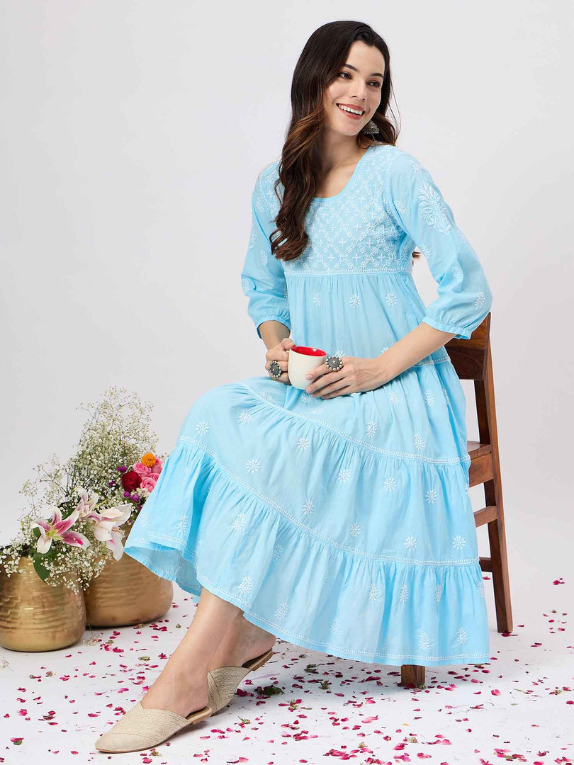 Blue chikankari  dress with tiers