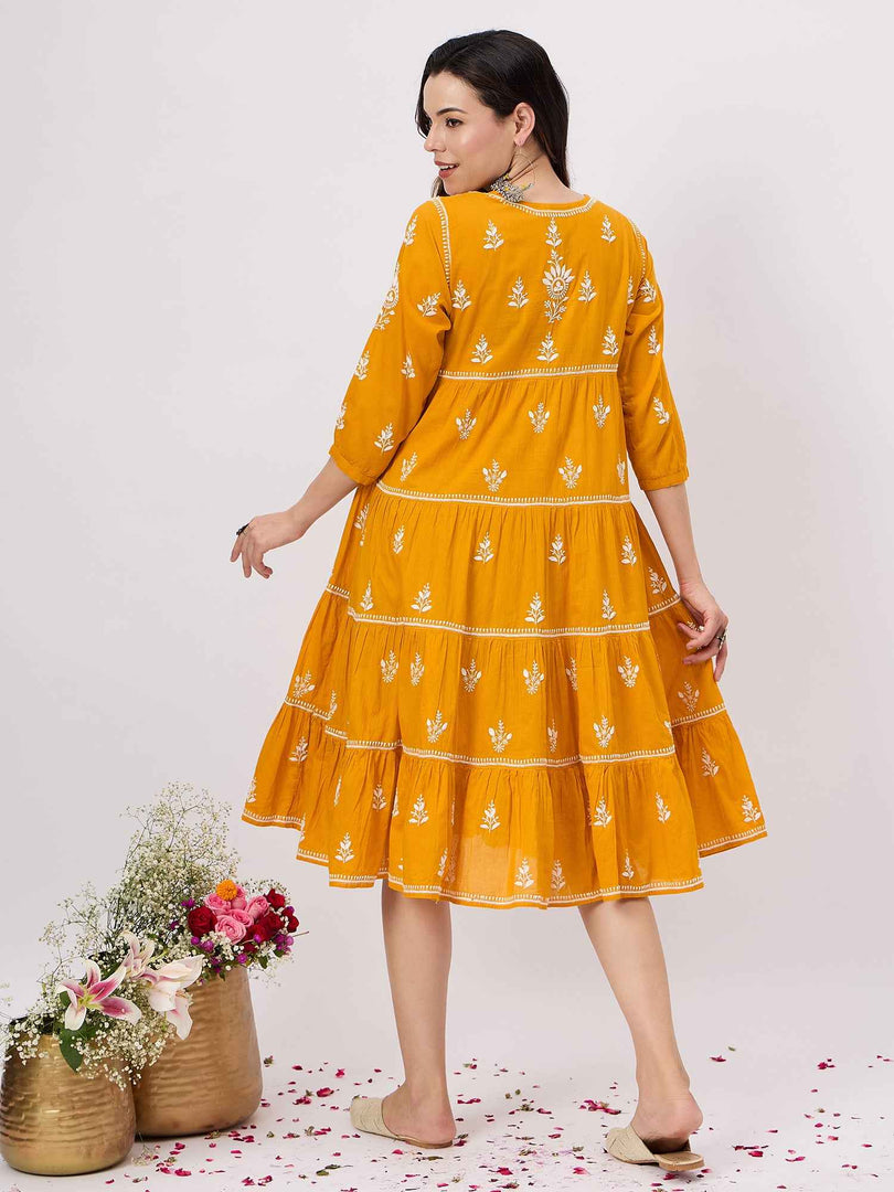 mustard yellow chikankari cotton mul dress