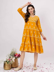 mustard yellow chikankari cotton mul dress