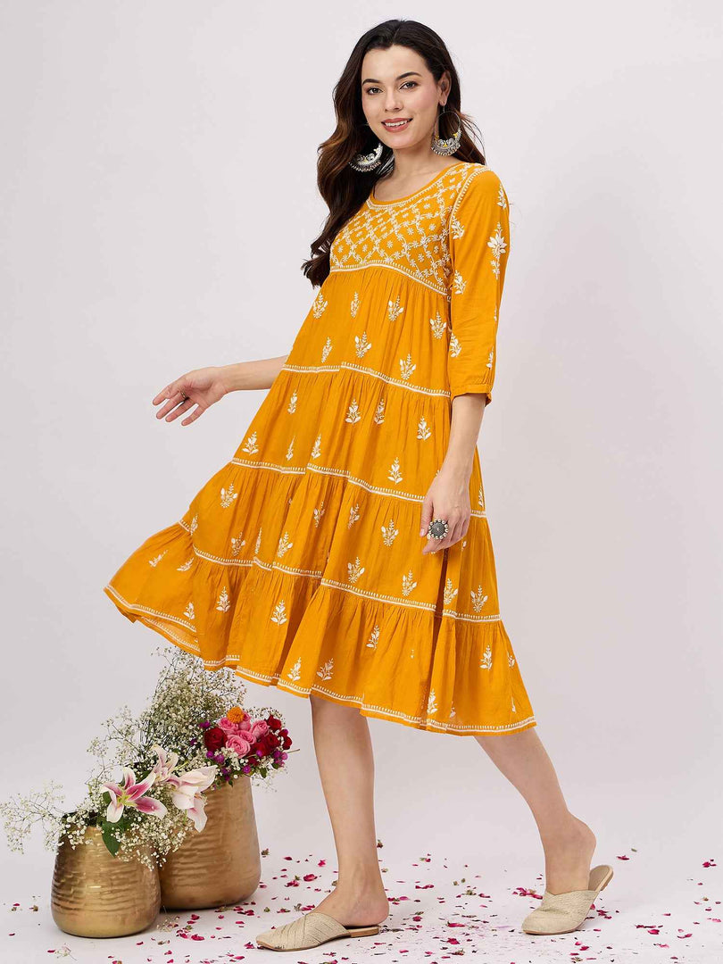 mustard yellow chikankari cotton mul dress