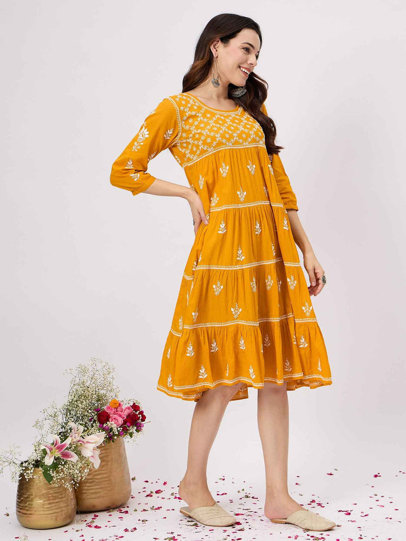 mustard yellow chikankari cotton mul dress